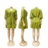 TW748 Casual V-neck Loose Waist Pleated Dress with Three-quarter Sleeves and Wide Hem for Women