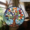 2D Flat, 1pc Rainbow Tree of Life Round Glass Suncatcher, Colorful Life of Tree Stained Glass Style Window Hanging, Multicolor Leaves Design with