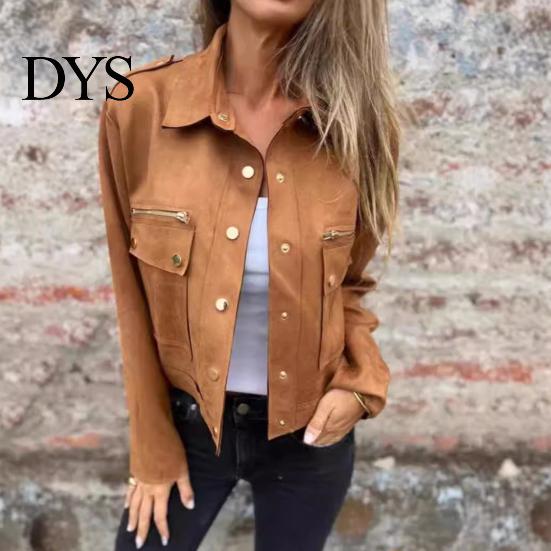 Women Jacket Autumn Spring Coat Flap Pocket Zipper Decor Turn-down Collar Long Sleeves Outerwear Single-breasted Buttons Cargo Style Daily Wear