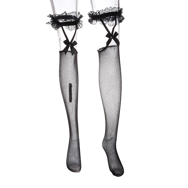 1Pair Sexy Mesh Fishnet Thigh High Stockings Jk Lolita Girl Long Socks Stockings Japanese Style Lace Bowknot Suspender Knee High Socks