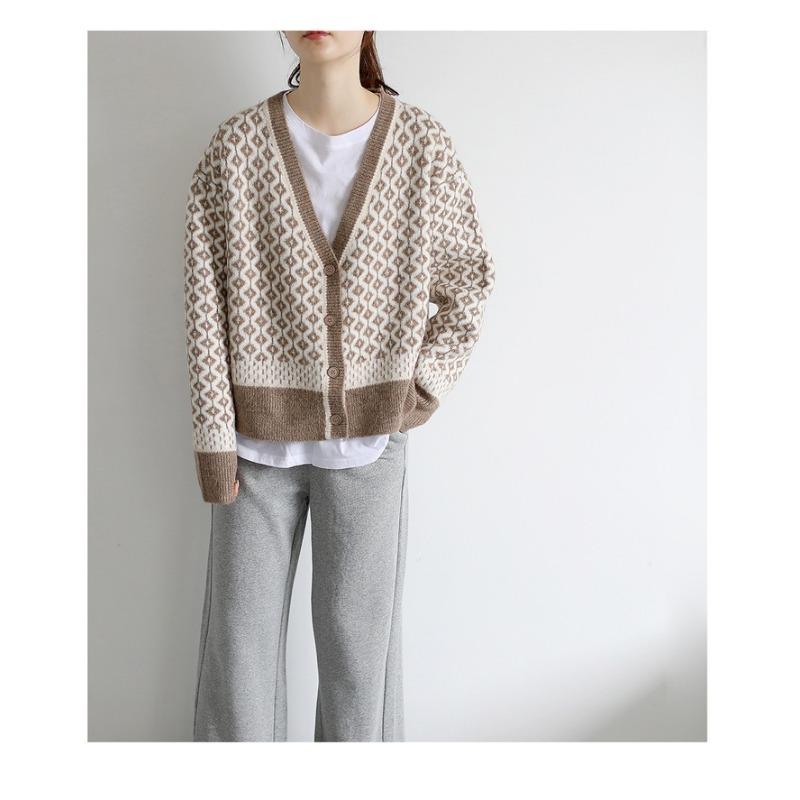 Women Loose Thick Plaid Color Block V Neck Long Sleeve Knitted Cardigan Sweater Coat