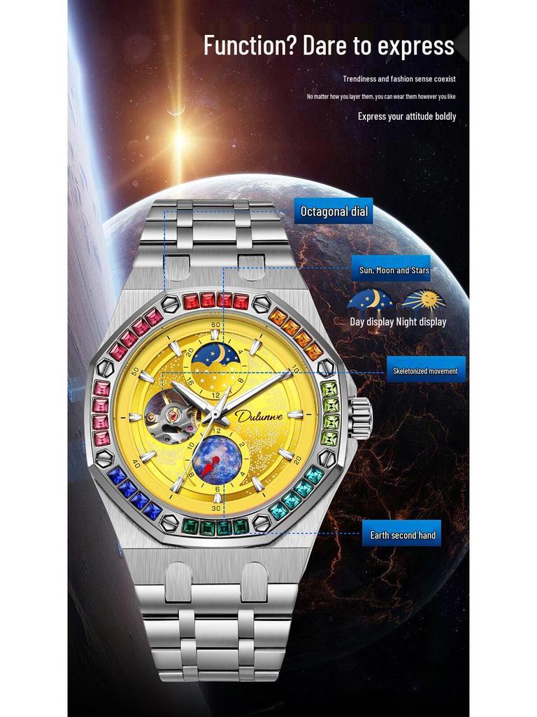 Durenwei Herren Wasserdicht Leuchtend Regenbogensterne Edelstahl Mechanische Uhr