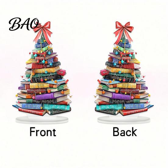Artistic Holiday Room Accents Stacked Book Christmas Tree Ornament, 2D Flat Stacking Hanging Decoration, Acrylic Ornament Gift Reading Theme Pendant,