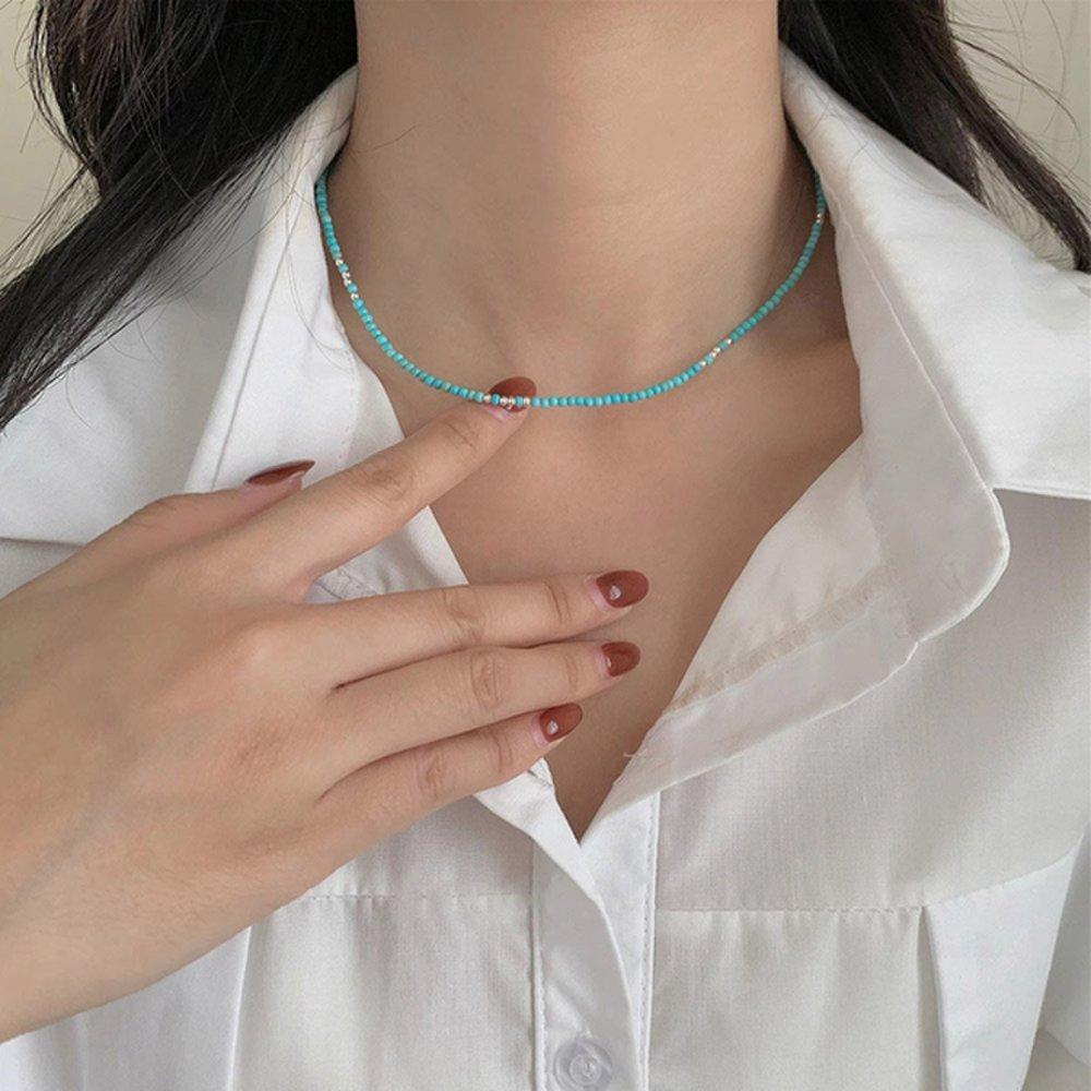 Hiba Blue Turquoise Silver Ball 925 Silver Layered Necklace