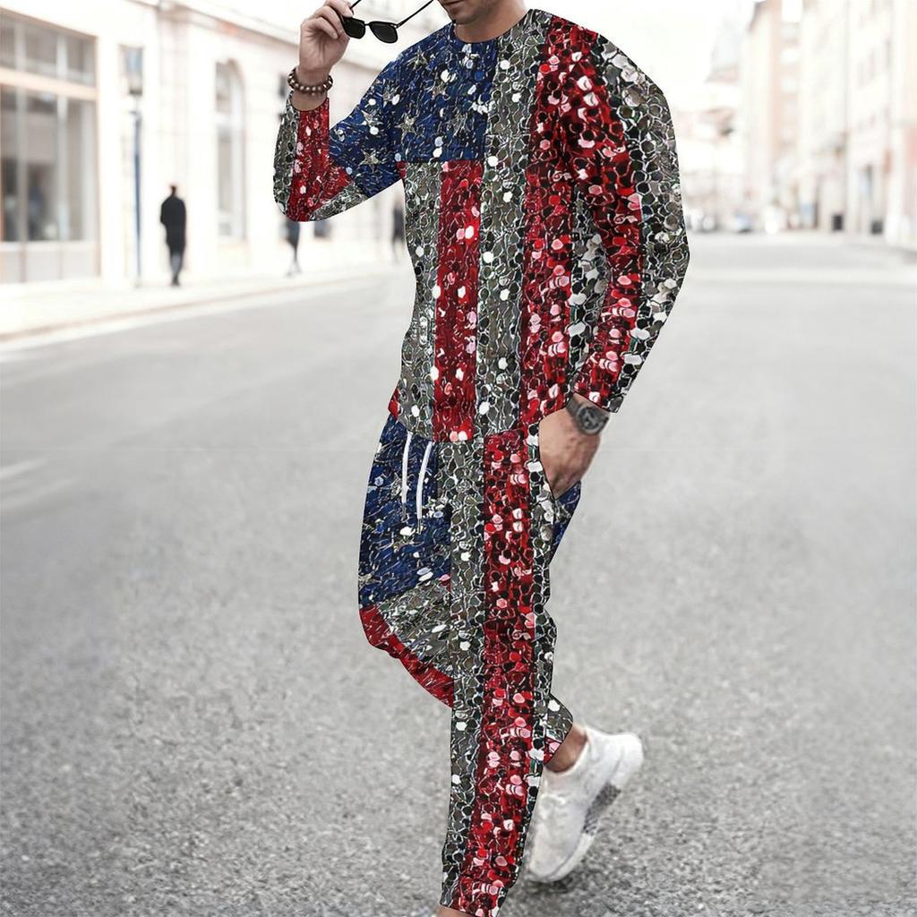 Men Sunflower American Flag Tie Dye Print Long Sleeve Sweatshirt And Drawstring Jogger Pants Two Piece Suit