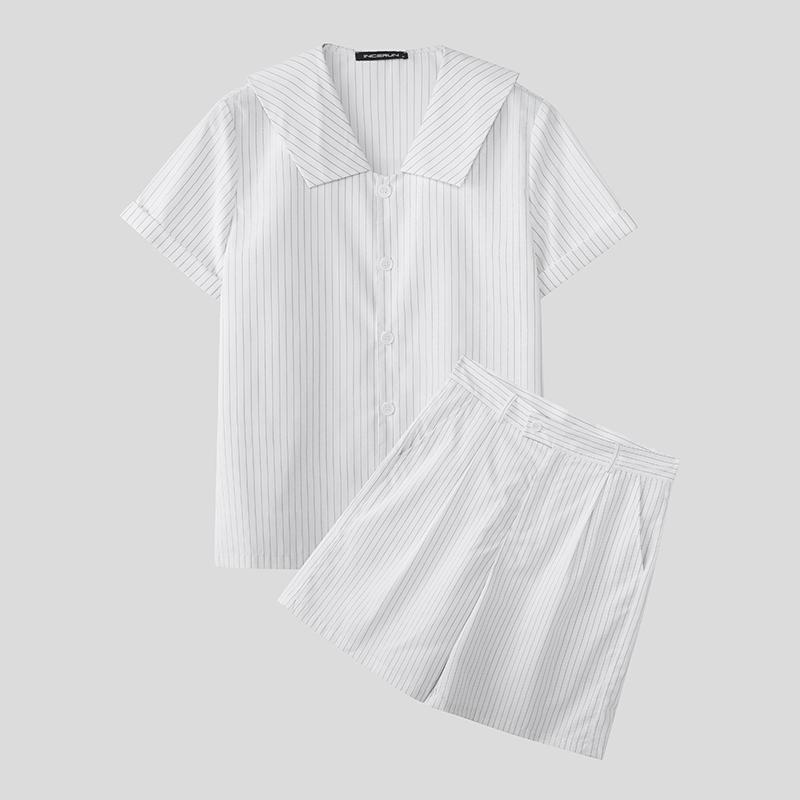 INCERUN Two Piece Suit Summer Men Lapel Neck Short Sleeve Striped Shirts Shorts Casual Outfits Sets 2XL чёрный