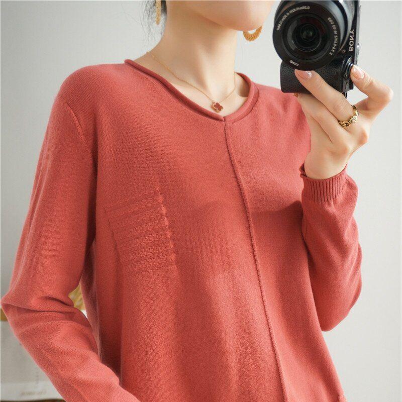 Baumwollpullover im koreanischen Stil mit gerolltem Saum und Rundhalsausschnitt für Damen, langärmlig und locker geschnitten