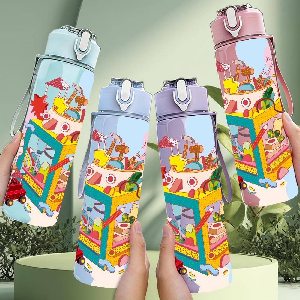 1PC Colorful Magic Box Doodle Art Pattern 750ml Color Plastic Sports Water Bottle Leakproof Flip Straw Lid Suitable for Sports Office Home Use