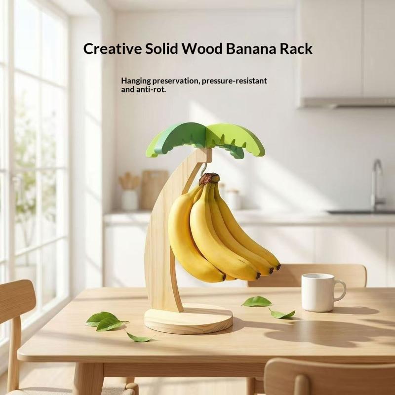 Minimalist Wooden Banana Rack Simulated Leaf Decor Vertical Fruit Storage Stand with Hook for Modern Home Decor
