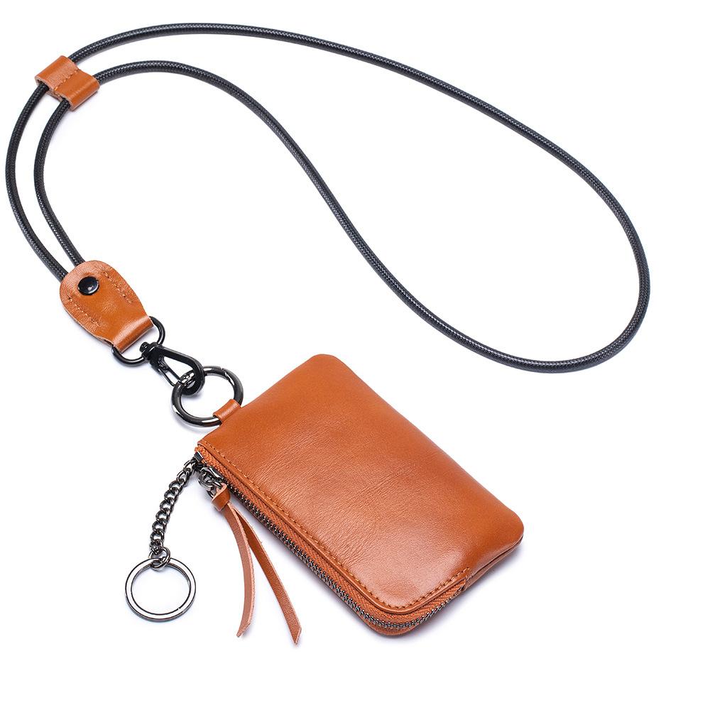 2025 first-layer cowhide neck change bag, small storage change card bag with key ring, soft leather mini change bag.