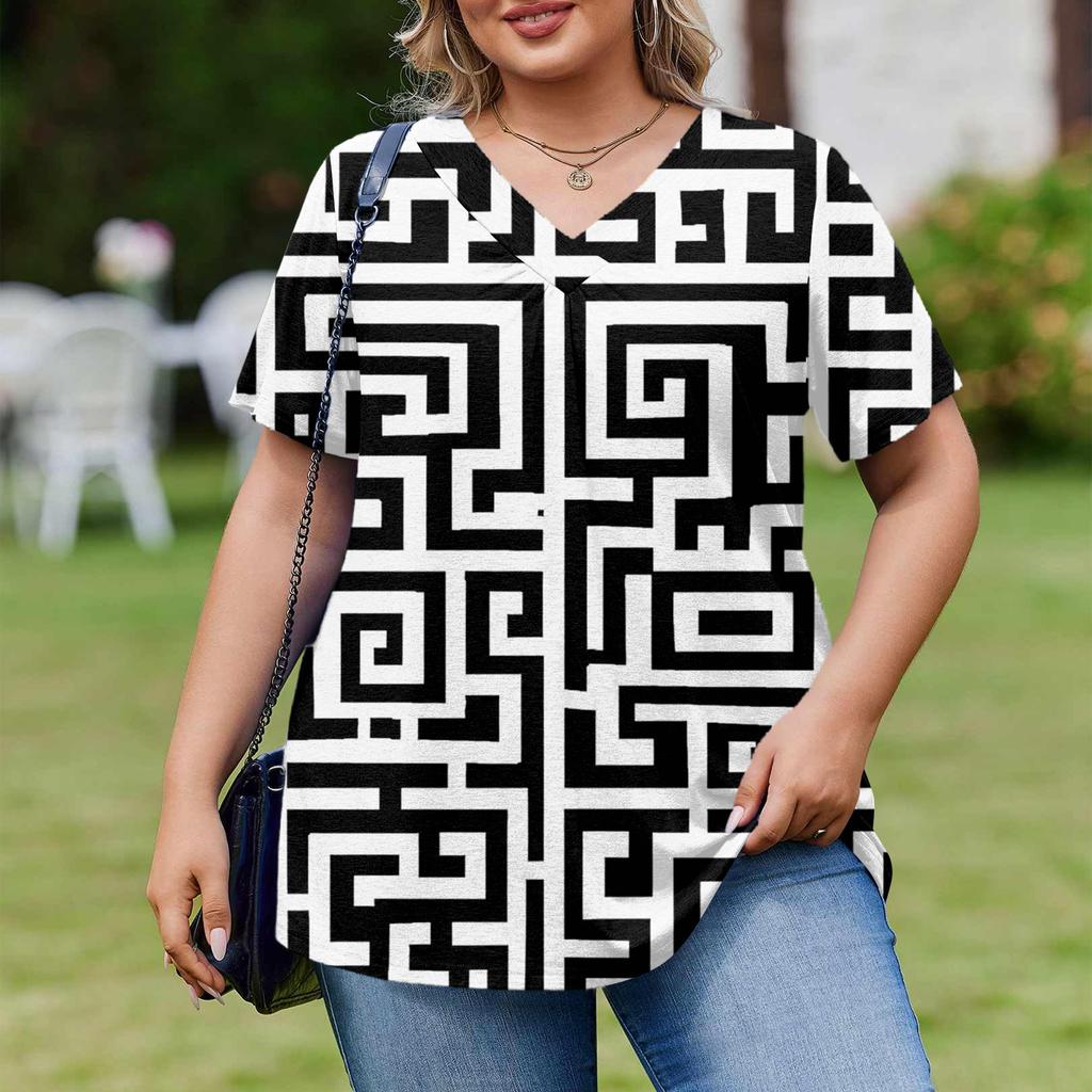 Women's Plus Size Fashionable Casual Loose-Fit Short Sleeve Elegant V Neck Blouse For Work