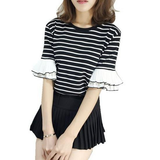 Korean-Style Ruffle Sleeve Striped Casual Women's T-shirt - 2024 Trend