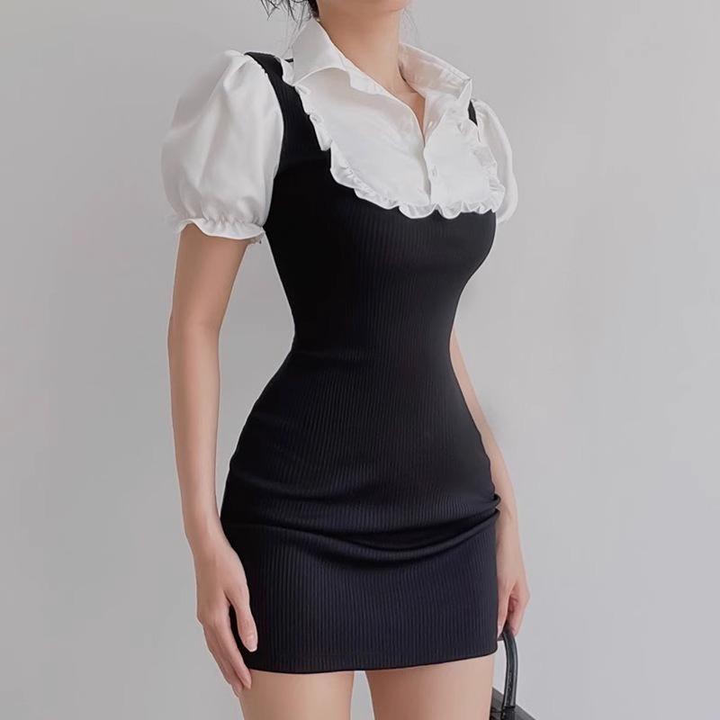 

Pure desire style fake two-piece hip-wrapped short skirt women s summer new sweet spice girl waist and thin splicing shirt dress S