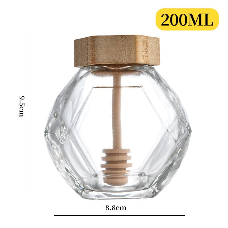 Hexagonal Glass Honey Jar with Wood Lid & Stirrer