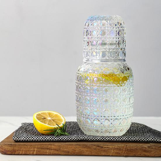 Wasserkaraffe und Glas Set Vintage Nacht Trinkbecher Set Klares Nachttischglas Saftkrug für Wasser Tee Saft