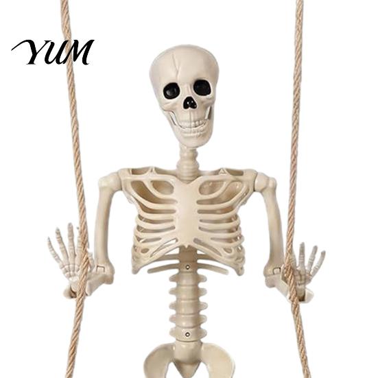 Indoor Outdoor Party Ornament Halloween Swinging Skeleton Decoration, 35" Large Spooky Hanging with Movable Joint Figurine Wooden Swing for