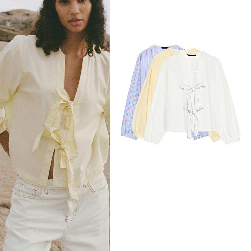 Spring New Women's Clothing Contrast Color Seized Line Bowknot Decoration Poplin Shirt Tops 0387058 2298085
