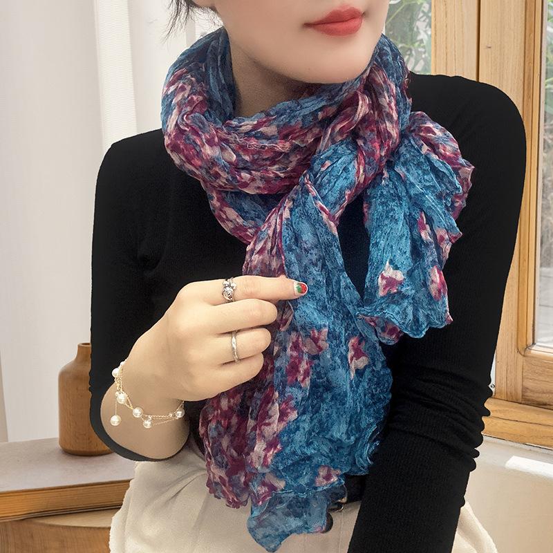 Small Floral Thin Mori Age-reducing Wrinkled Sunscreen Silk Scarf Women's Summer New Versatile Shawl Fashion Trends