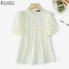 ZANZEA Women Casual Round Neck Short Sleeve Floral Print Summer Blouse