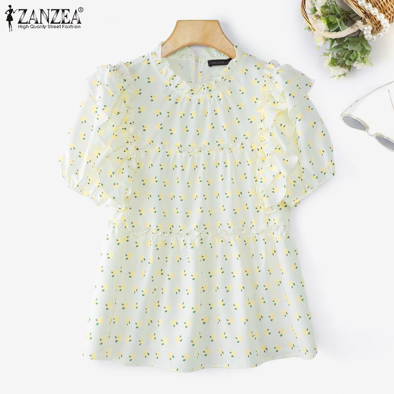 ZANZEA Women Casual Round Neck Short Sleeve Floral Print Summer Blouse