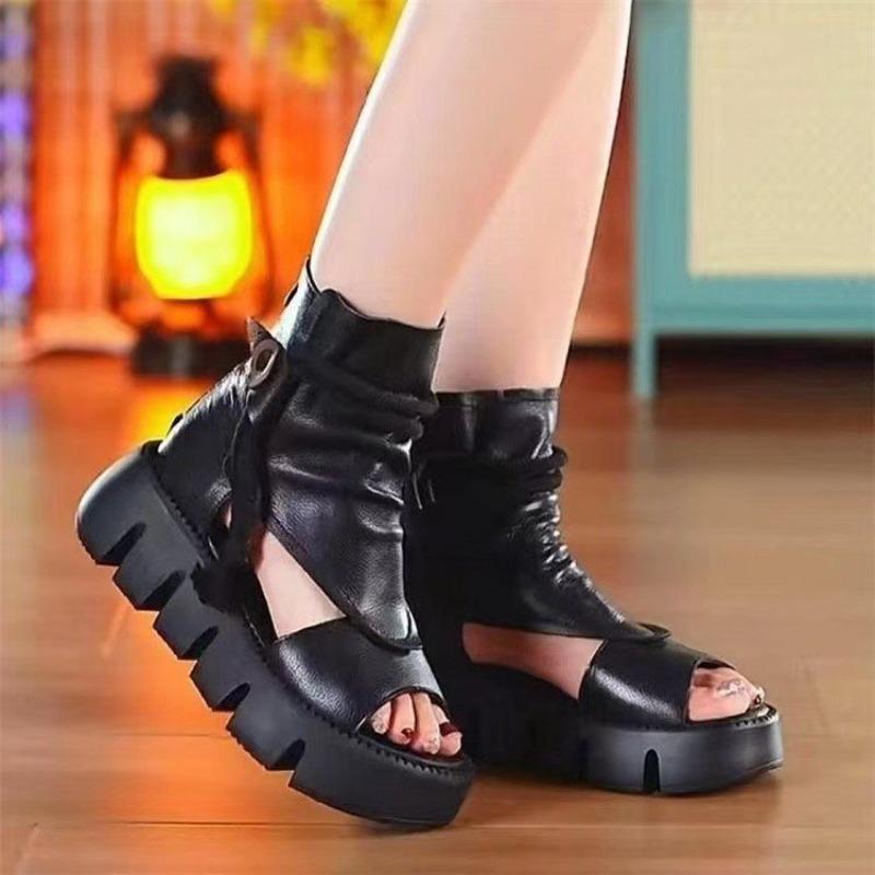 Fashion Womens Shoes 2025 Summer New Hollow Breathable Thin Roman Sandals Fashion Versatile Thick Sole Heightening Cool Boots Women