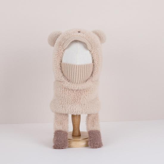 Kids Hat with Face Guard Scarf Plush Inner Lining Solid Color Bear Shape Warm Windproof Knit Hat Autumn Winter Outdoor Wear