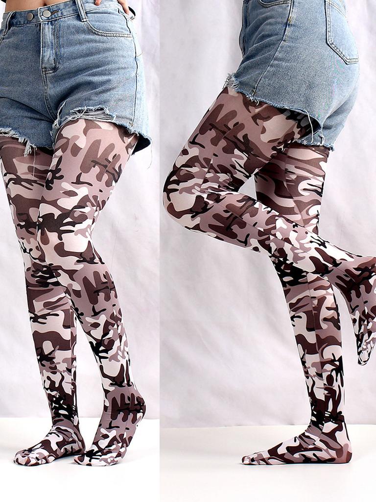 Damen-Strumpfhose mit Graffiti-Print, Camouflage-Gitter, nahtlos, sexy, dehnbar, lange Socken, mehrfarbige Strümpfe