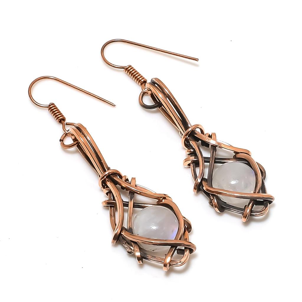 Rainbow Moonstone Earrings Gemstone Jewelry, 999 Copper Wire Wrapped Earrings, Handmade Beautiful Jewelry Earrings