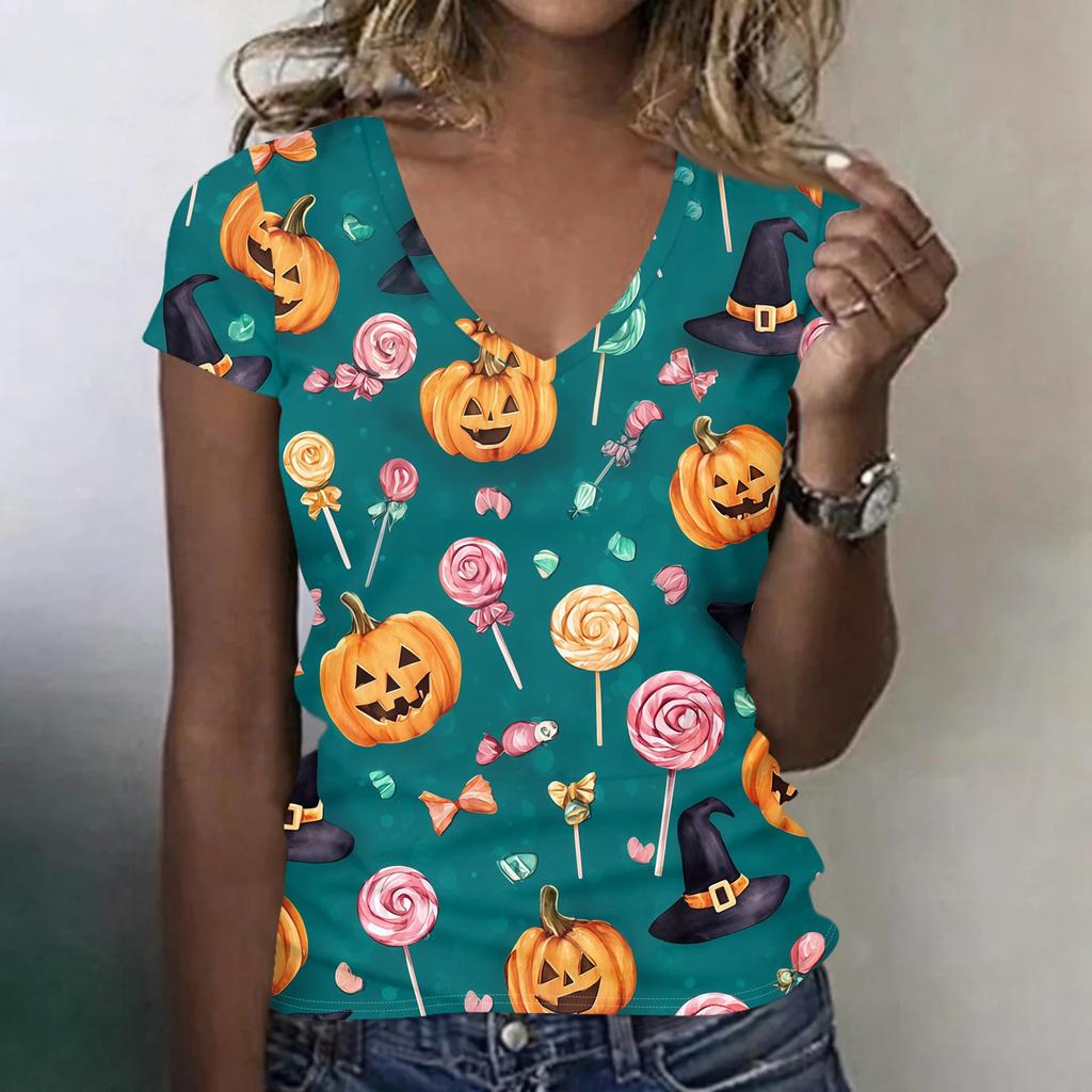Women's V-Neck Halloween Print Lightweight Blouse for Spring and Summer