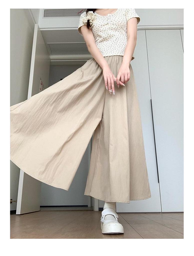 2025 Summer Women's Blue A-Line Pleated Midi Skort with High Waist and Wide-Leg Design