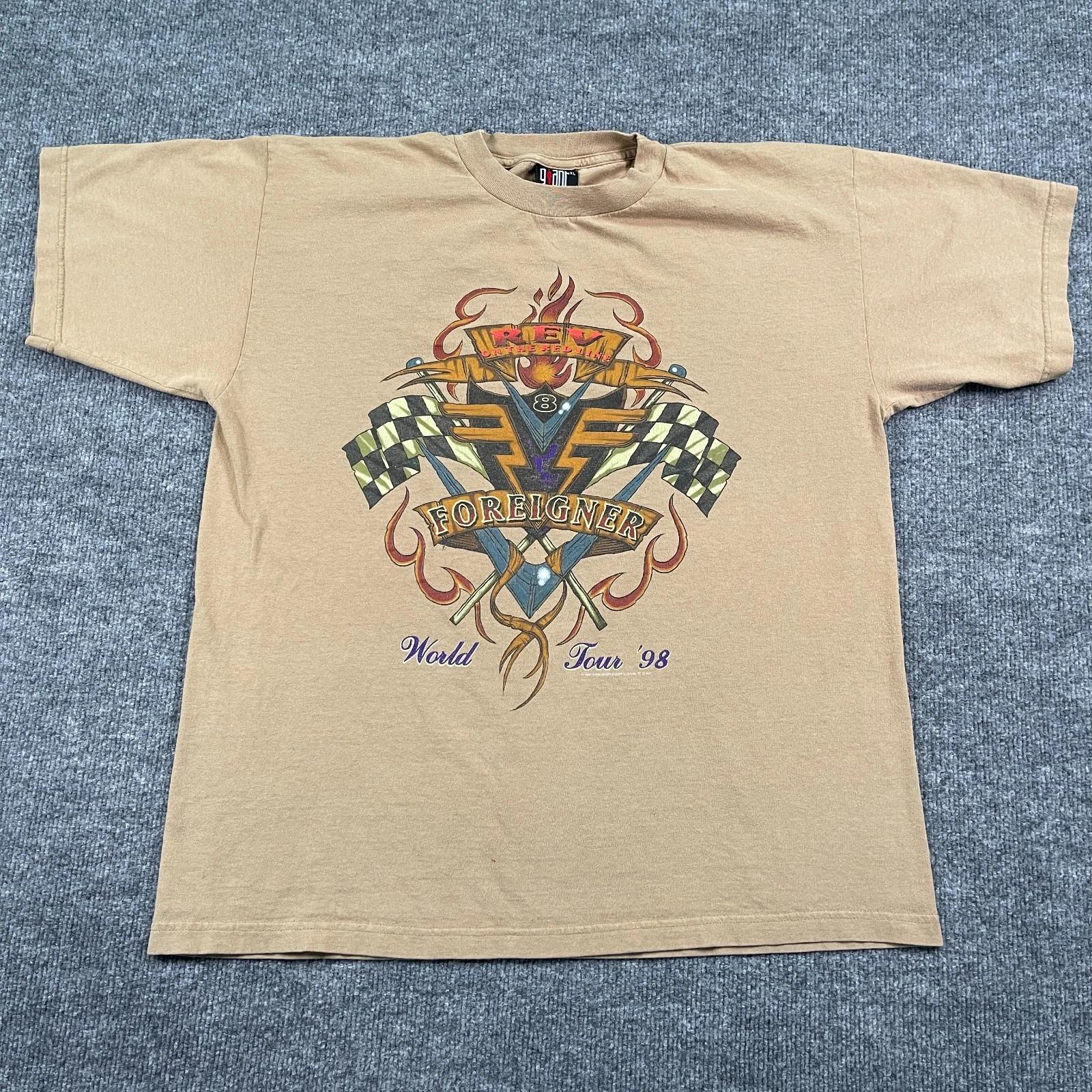 

Vintage 1997 GIANT Foreigner Rev-on-the-Red-Line World-Tour Shirt XL 23x28 Brown 3XL