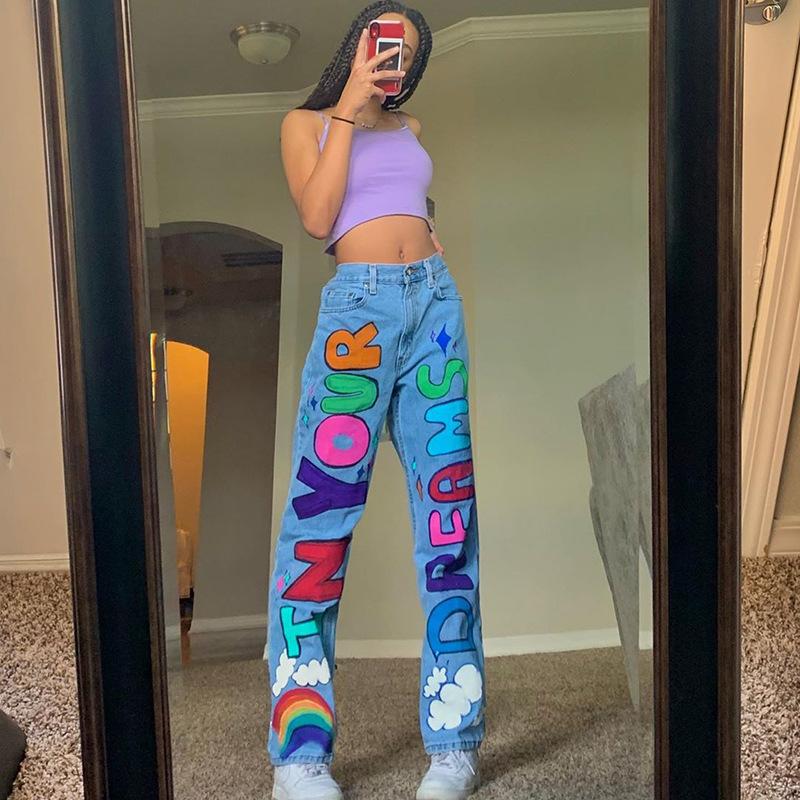 Trendy High-Waisted Loose Fit Printed Graffiti Women's Straight-Leg Jeans, Rainbow Denim Pants Loose Graffiti Printed