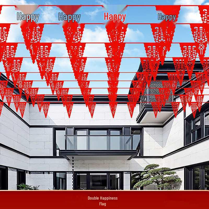 Red Triangular Wedding Bunting with Double Happiness Symbol - Outdoor Festive Decoration