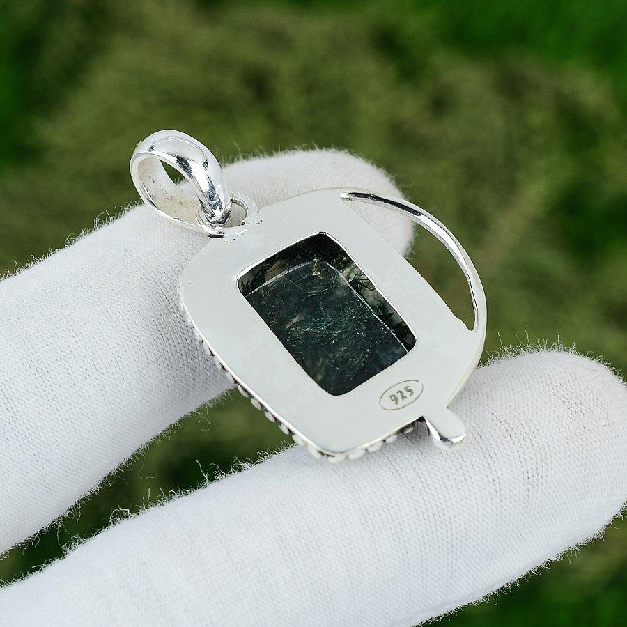 Mothers day Deal Radiant Solar Moss Agate Stone 925 Silver Bezel Pendant Jewelry