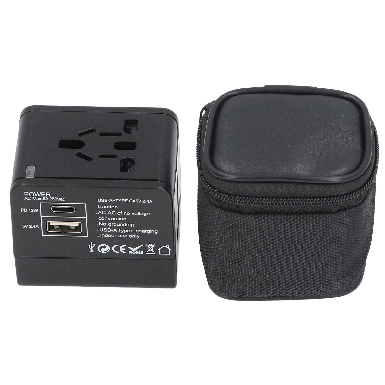 

Универсальный дорожный адаптер питания с портами USB A и USB C, безопасный преобразователь питания для мобильного телефона, ноутбука чёрный