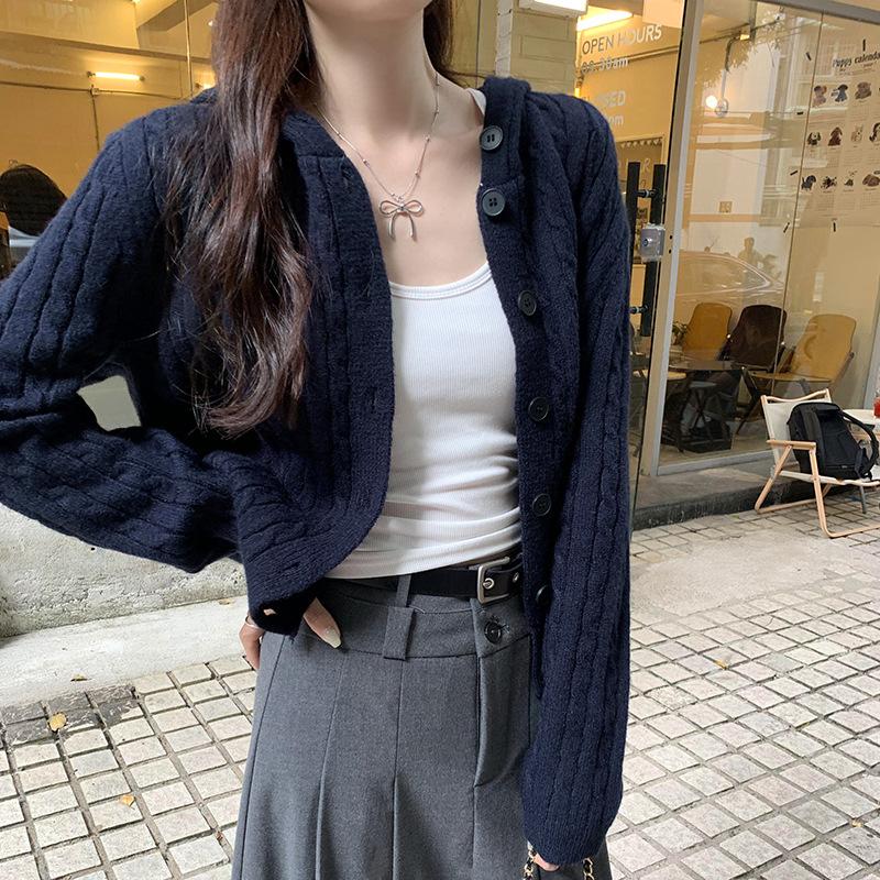 

Autumn and winter new design hooded long-sleeved knitted cardigan jacket women s thin solid color temperament versatile top trendy one size fits all