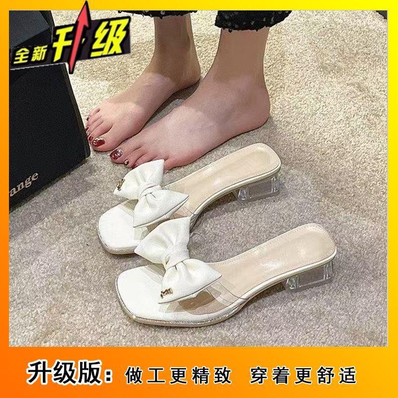 Fashion open-toe wear sexy bow sandals 2025 summer new transparent slippers women's medium heel half slippers