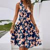 Women's Spring And Summer Casual V-Neck Sleeveless Waist Floral Print Midi Dress