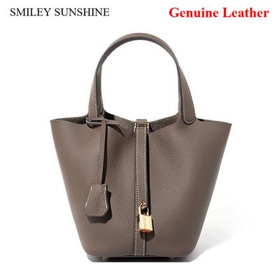 Luxury Brand Genuine Leather Shoulder Bucket Bag Women Litchi Pattern Mini Basket Tote Soft Handbag Mommy Bride Wedding Bags with Lock