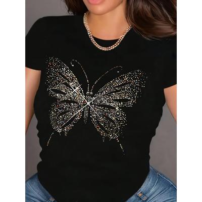 T-Shirt mit Schmetterlingsdruck und Rundhalsausschnitt, Kurzärmeliges Freizeit-Oberteil für Frühling & Sommer, Damenbekleidung Europäische Größe