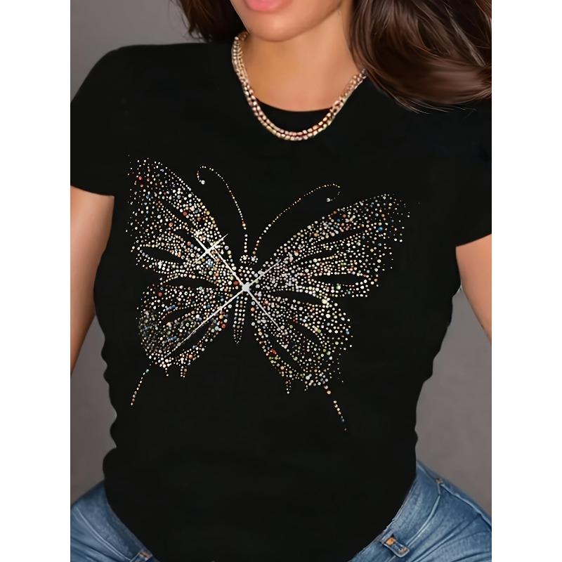 Butterfly Print Crew Neck T-shirt, Short Sleeve Casual Top for Spring & Summer, Women's Clothing European Size