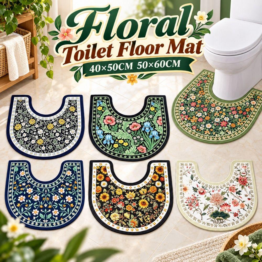 Floral Pattern Bathroom Floor Rug Absorbent Bath Mat Retro Toilet U-shaped Mat Household