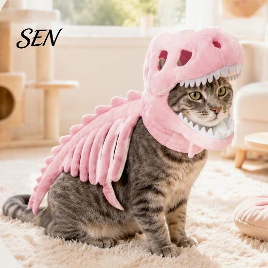 Haustier Süßes oder Saures Outfit Dinosaurier Skelett Kostüm, Weicher Plüsch T-Rex Halloween Leuchtendes Knochenzahnrad Outfit, Lustige Cosplay Kleidung für Katzen