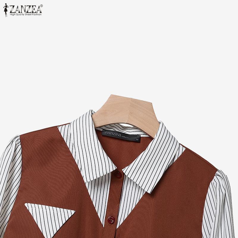 ZANZEA Women Stripe Splice Long Sleeve Blouse And Long Pants Casual Two Piece Suit Sets