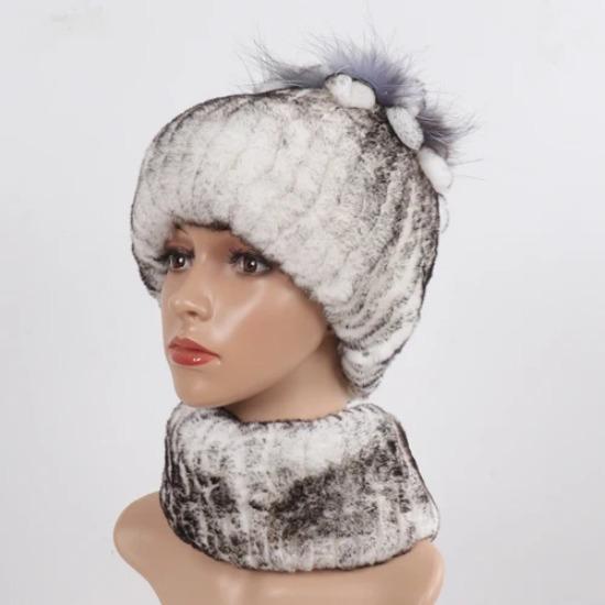 Knitted Women Warm Rex Rabbit Fur Hat Scarf Sets Winter Natural Rex Rabbit Fur Cap Scarves Russia Lady Fur Hats Muffler 2 Pieces