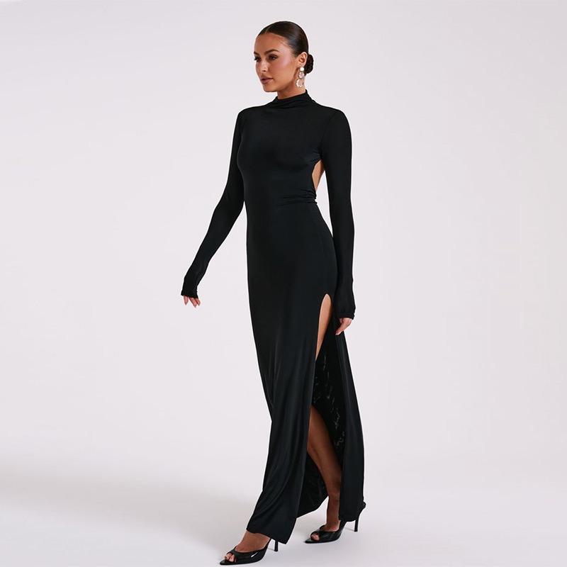 Elegant Slim Fit Long Sleeve Sexy Backless Dress Women Summer Slit Casual High Waist Black Long Dresses Women Fashion Stand Collar Party Dress 26443