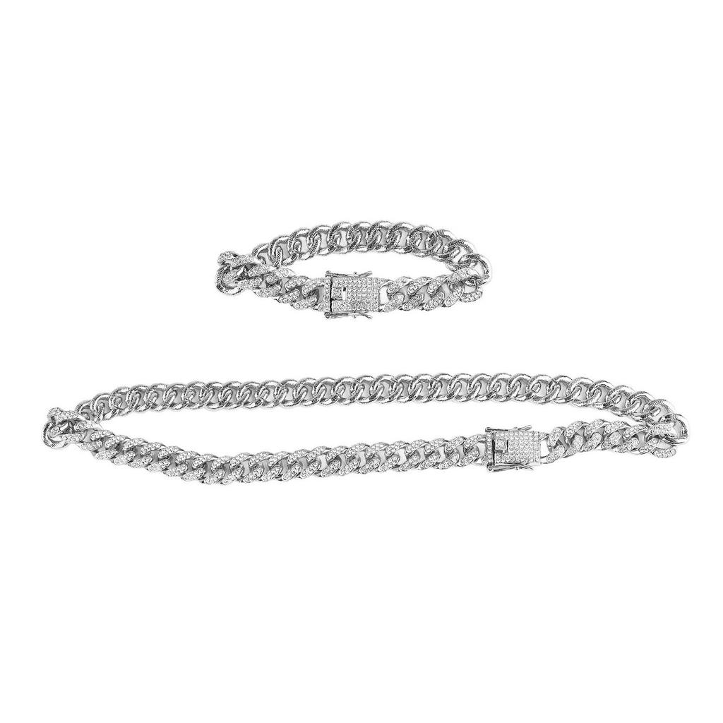 Necklace Bracelet Set Alloy Rhinestone Easy Open Buckle Hip Hop Bracelet Set Silver Gift