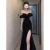 Temperament One-word Shoulder Dress Ruffle Edge Split Engagement Evening Dress Dress Niche High-end