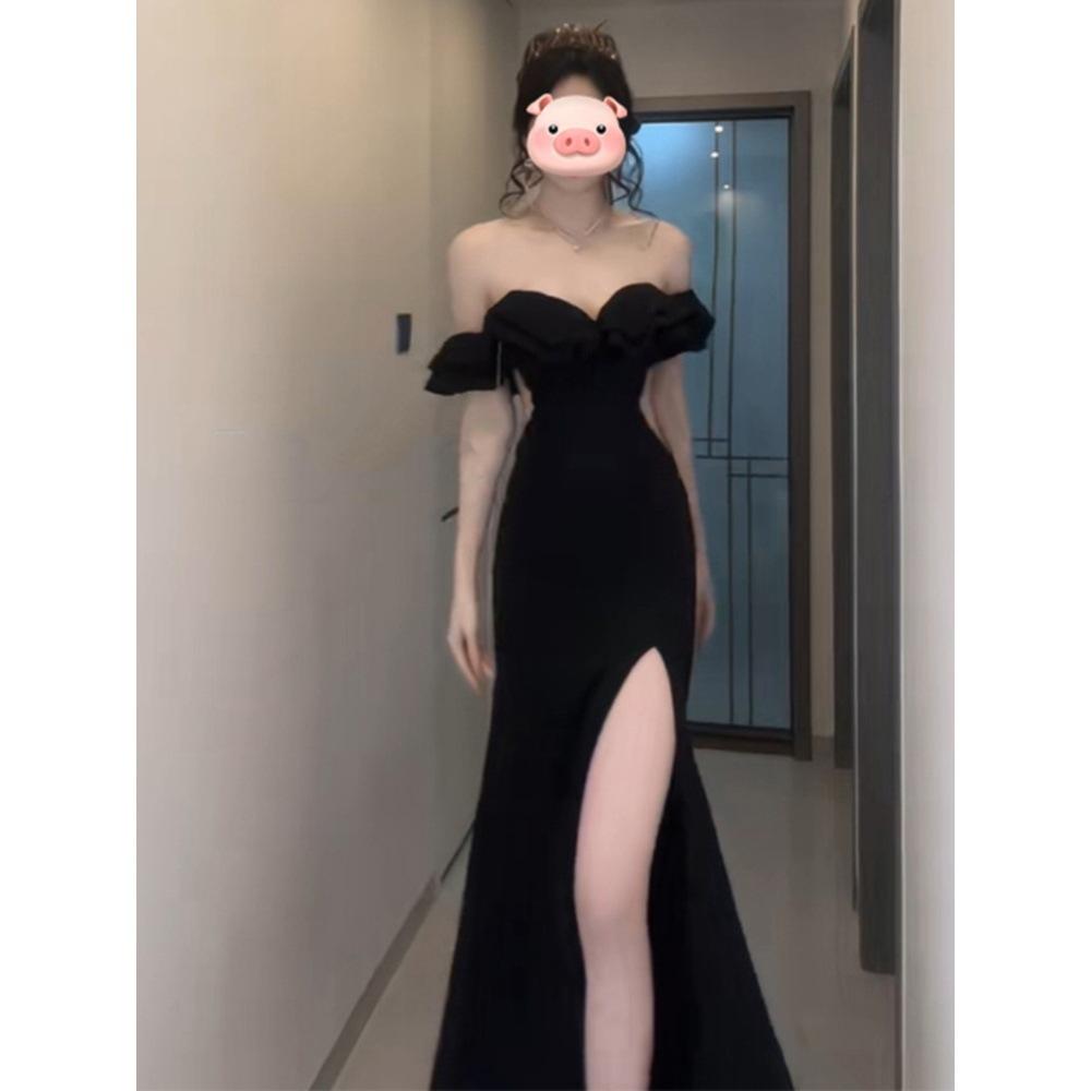 Temperament One-word Shoulder Dress Ruffle Edge Split Engagement Evening Dress Dress Niche High-end