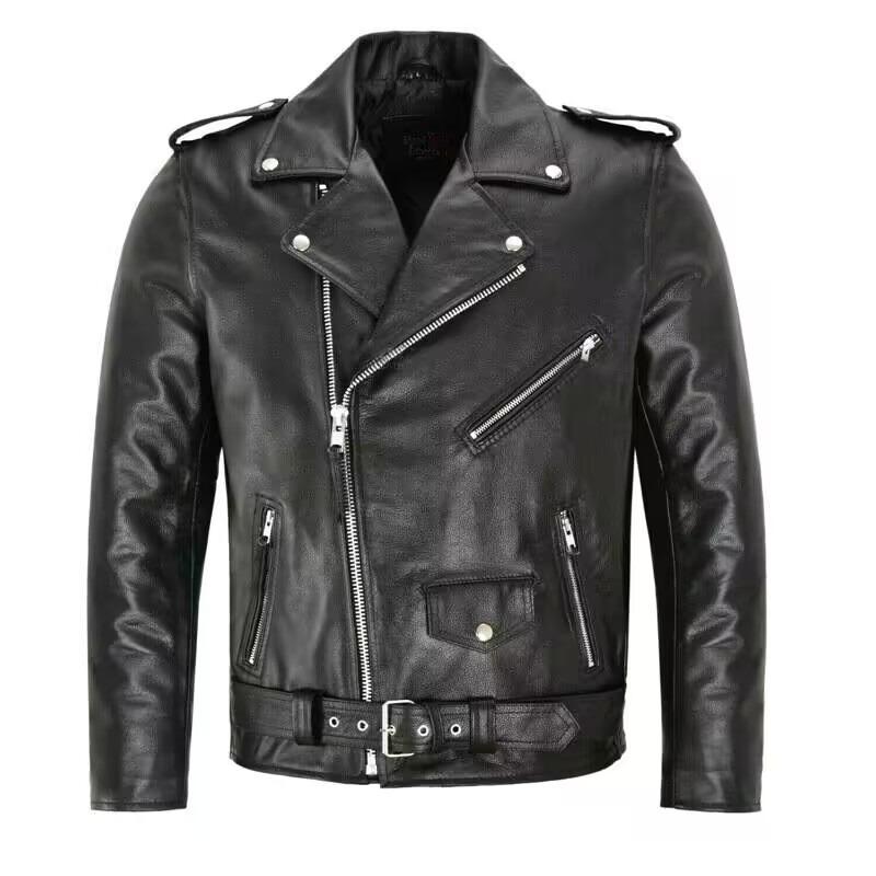 Frühling Klassische Motorrad Oblique Zipper Jacken Männer Leder Natürliche Kalbsleder Dick Schlank Rindsleder Moto Biker Mann